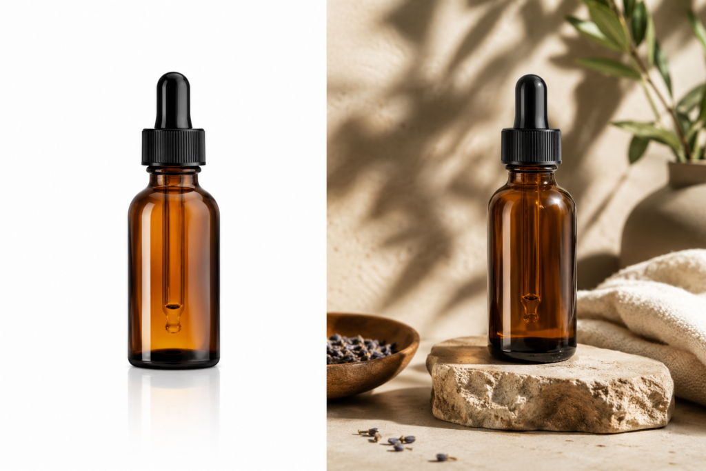 Comparativa visual entre fotos de producto con fondo blanco y fotos ambientadas para ecommerce