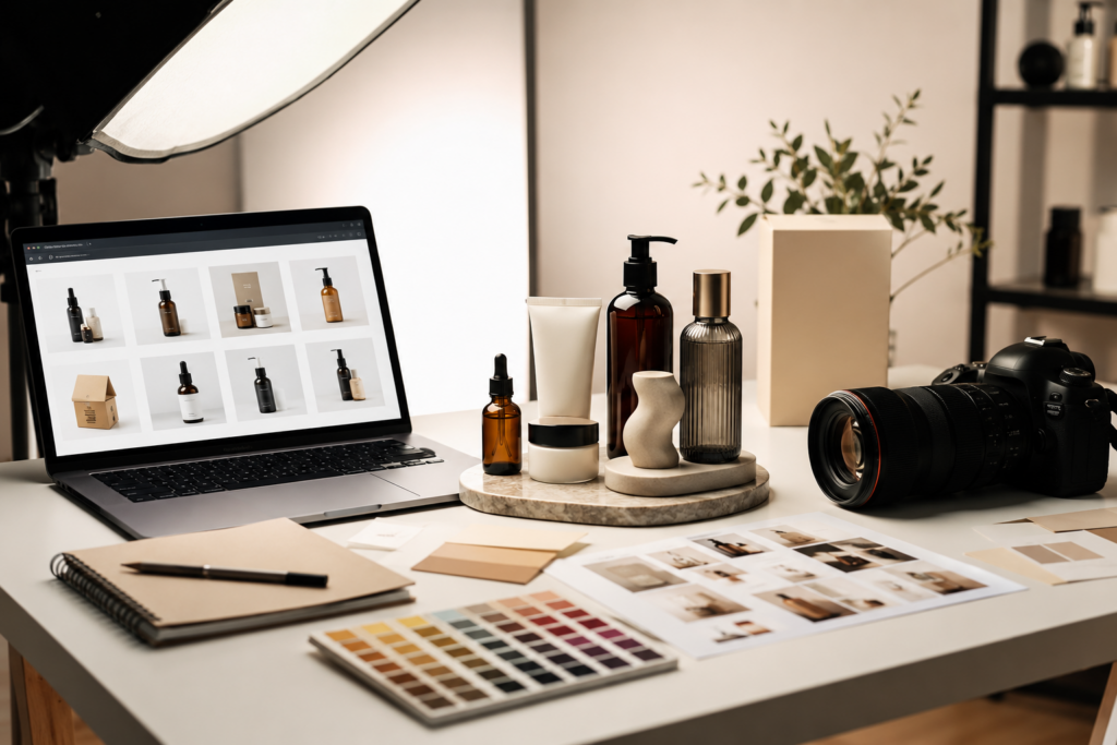 Planificación visual de catálogo ecommerce con cámara, productos y pantalla de tienda online