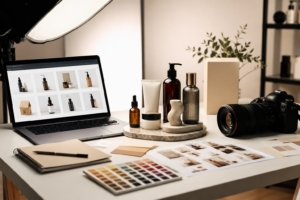 Planificación visual de catálogo ecommerce con cámara, productos y pantalla de tienda online